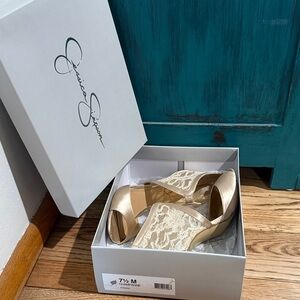 Jessica Simpson Lace Peep-Toe Heels in Champagne